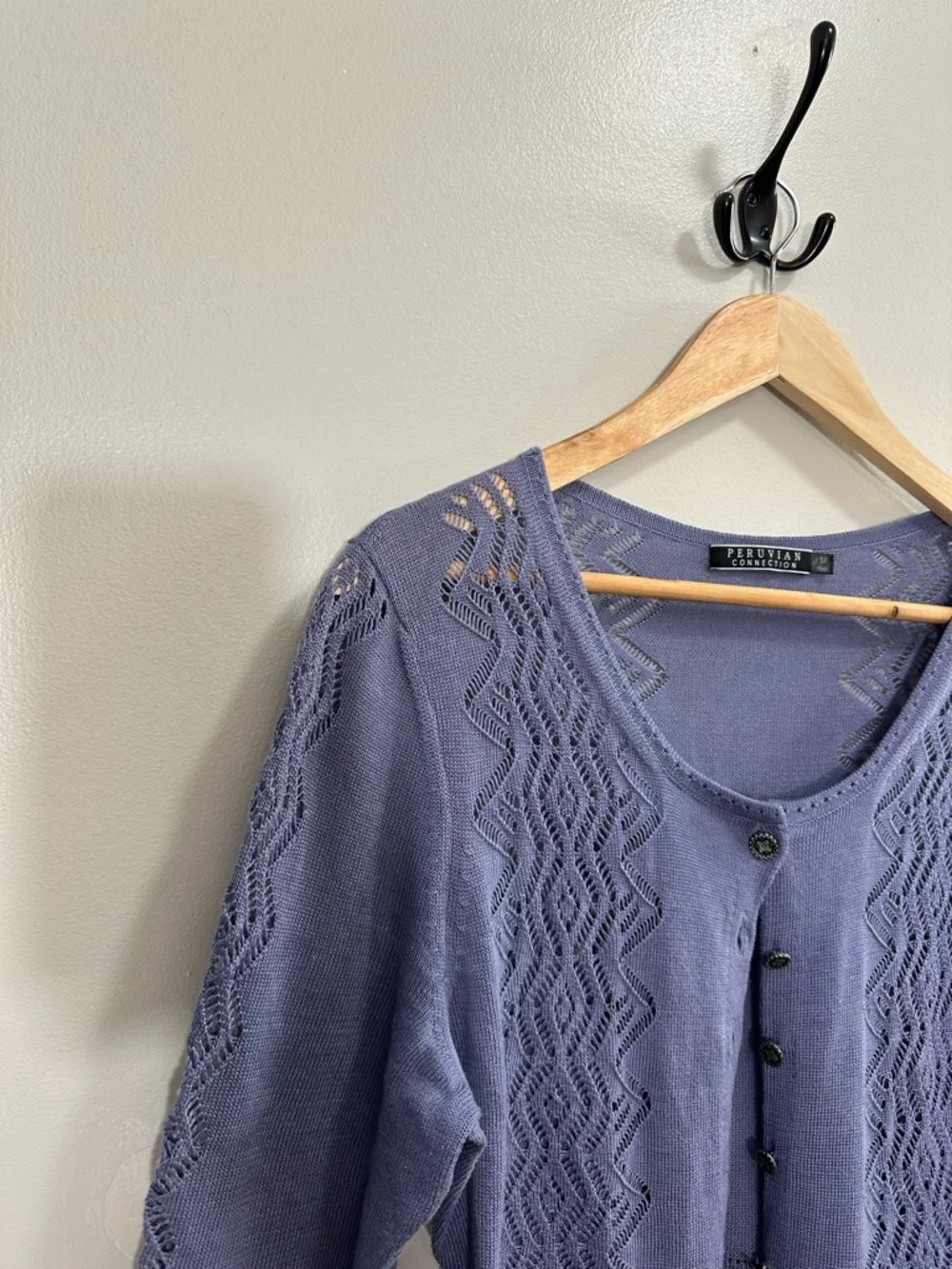 Peruvian Connection Blue/ Purple Crochet Knit Button Cardigan Size M - Picture 3 of 8